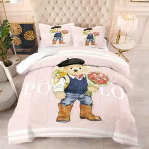 Romantic rose bouquet for you, teddy bear print pattern bedding set, including 1 blanket and 1 or 2 pillowcases without pillowcases, soft adult bedroom decoration gift, Soft Bedding Sets