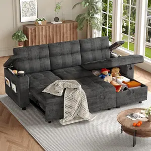 84'' L-Shaped Sectional Sleeper Sofa Dark Grey with Pull Out Bed Charging Ports Storage Armrests Cloud Like Comfort and Durable Construction