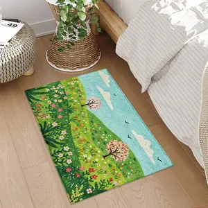 Soft, non-slip rubber backing, Botanical area rugs, spring garden landscape pattern with green meadows, wildflowers, modern living room rug, easy to clean, suitable for hallway, living room 15-25 sqm, kitchen, bedroom 1.5m-1.8m single/double bed