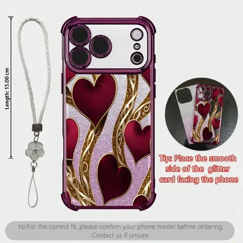 Viral Aesthetic Red Heart Glitter Phone Case with Floral Lanyard, Luxury Electroplated Cover for iPhone 18 17 16 15 14 13 Pro Max & Samsung Galaxy S26 S25 S24 S23 Ultra ---985