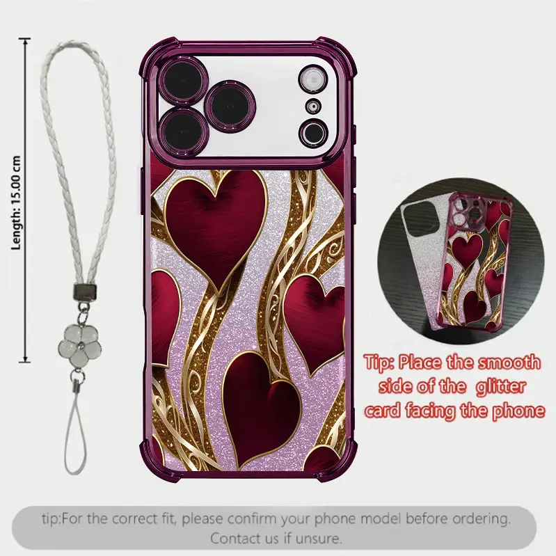 Viral Aesthetic Red Heart Glitter Phone Case with Floral Lanyard, Luxury Electroplated Cover for iPhone 18 17 16 15 14 13 Pro Max & Samsung Galaxy S26 S25 S24 S23 Ultra ---985