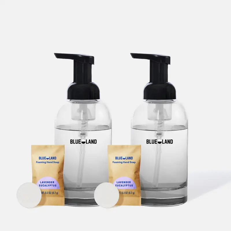 Blueland Foaming Hand Soap Starter 2-Pack, Plastic-Free, Eco-Friendly Hand Wash Soap Refill Tablets + 2 Refillable Glass Bottles