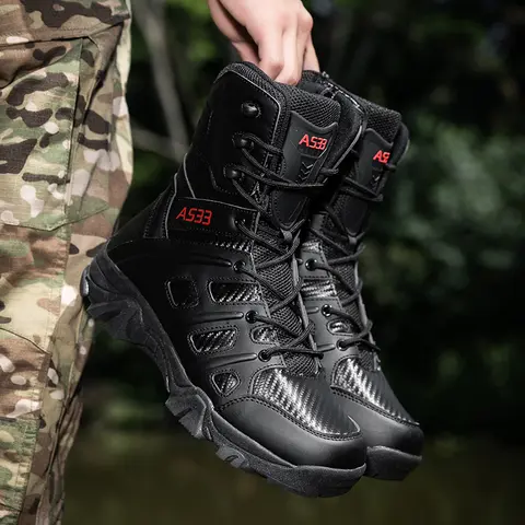5.AA Male High-Top Tactical Combat Hiking Boots - Durable Outdoor Hiking, Trekking Shoes, Rubber Performance Sole, Shock-Absorbing, Mud Terrain, Off-Road Treaded, Breathable, Anti-Skid, Zippered for Mountaineering, All Seasons