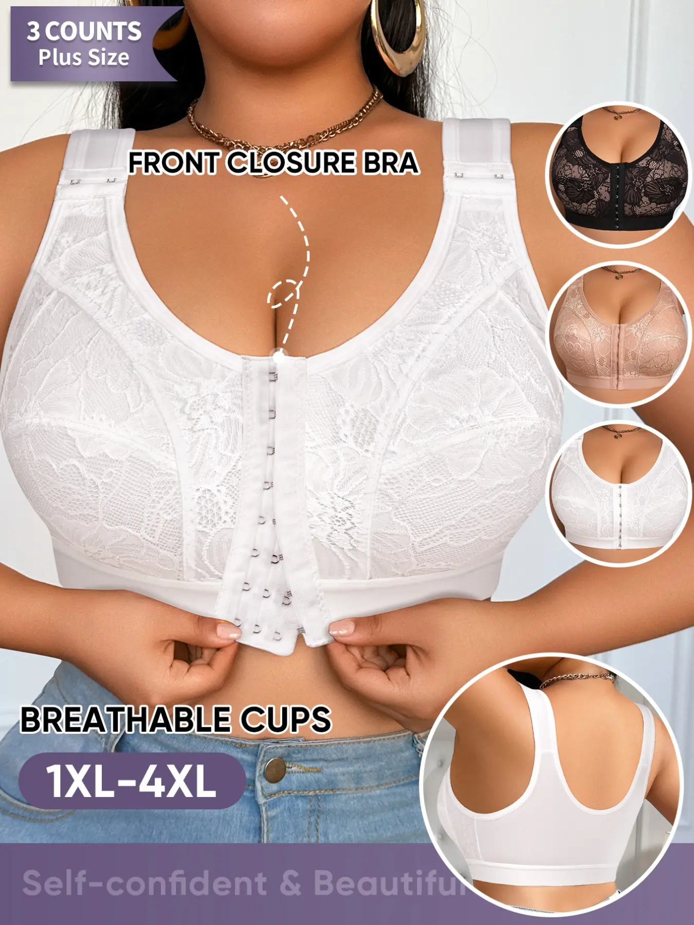 3-Pack Plus Size Lace Push-Up Bras, Underwear, Buckle, Backless Design, Medium Support, Breathable Unlined, Casual Style, All Seasons, 1xl-4xl