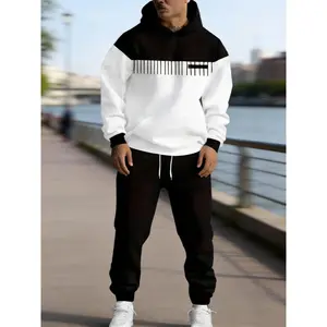 High-Street Patchwork Hoodie & Drawstring Joggers - Unique Striped Print Men's Ensemble