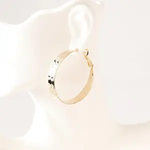 14K Gold Plated Hoop Earrings 5mm – Hammered Texture Elegant Hoops 35mm