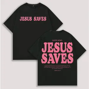 Unisex Jesus Saves Print Acid Washed T-shirt Breathable Tshirt Cotton