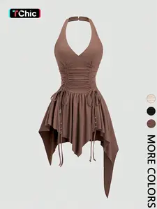 Women's Post-Apocalyptic Vintage Punk Casual Dress, Fitted, Deep V Neck, High Waist, Irregular Hem, Short Skirt, Multiple Colors Available