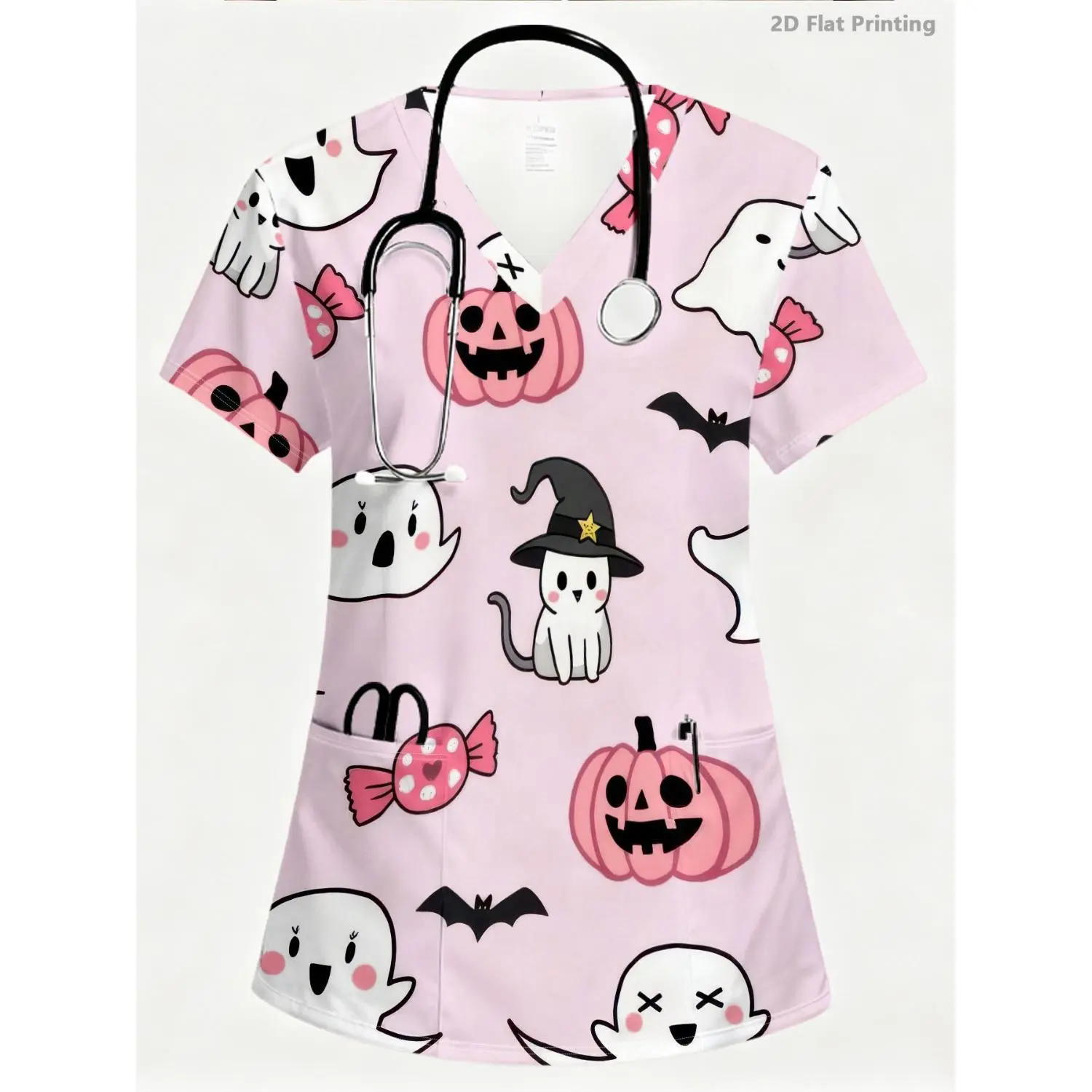 Chic Women's Full-Print V-Neck Short-Sleeve Uniform with Cute Halloween Pastel Design Featuring Ghosts, Pumpkins, Bats, Candies, Witches, and Cats - Soft, Breathable, Durable, and Machine Washable.