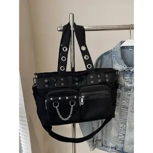 Women's Punk Style Studded Decorated Handbag, Fashionable Multi-pocket Crossbody Bag for Daily Used, Casual Trendy Versatile High-quality Daily Commuting Bag