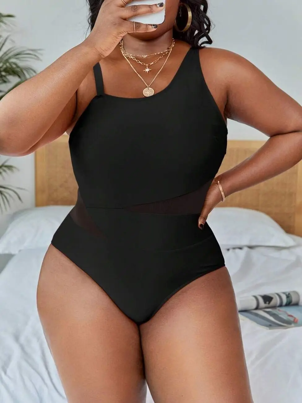 Plus Size One-Piece Swimsuit, Slimming Mesh Detail, Trendy Summer Beach Bathing Suit