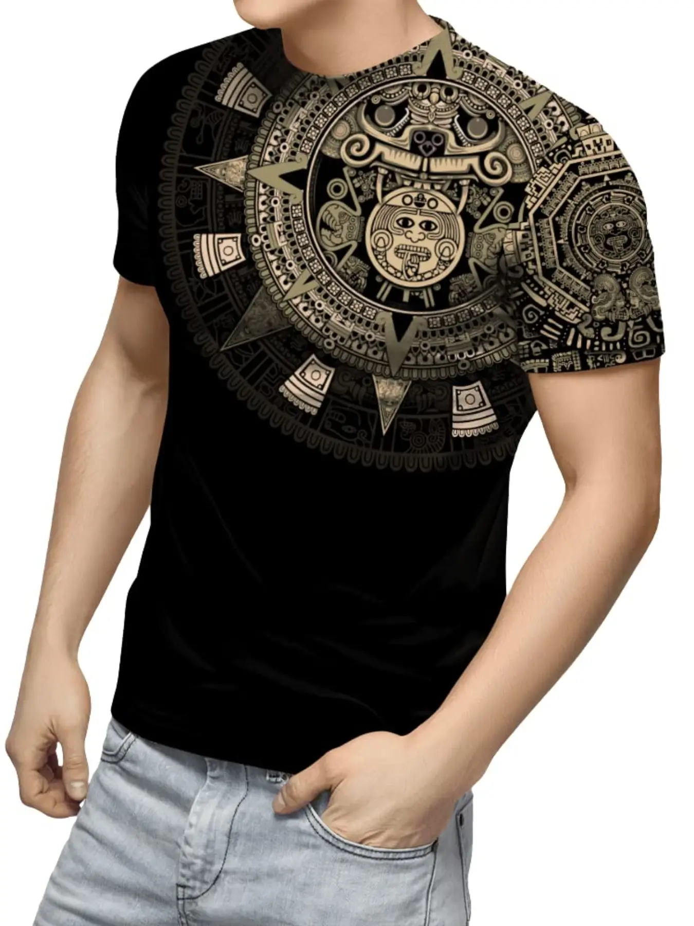 Men's 3D Printed Indian Style Colorful Casual Knit Streetwear T-Shirt, Breathable Fitted Regular Fit Round Neck for Everyday Wear, Durable Print Quality for All Seasons, Casual Menswear