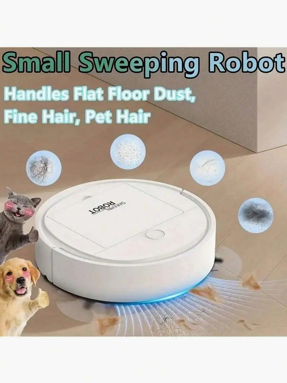 3-in-1 Robot Vacuum and Mop, Cordless Robotic Floor Cleaner, USB Rechargeable, Powerful Suction for Pet Hair, Hardwood Floors, Daily Cleaning