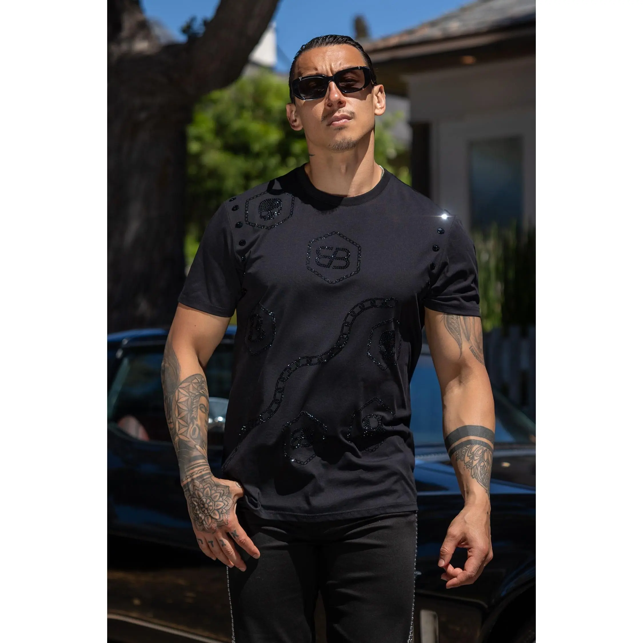Manacles Rhinestone Regular Fit Crew Neck T-Shirt