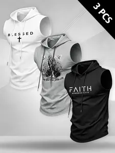 Men's American Religious Style Hooded Sleeveless Vest, Elastic Breathable Print Top, Casual Sport Training Tank Top, Loose-Fitting, Sleeveless Sports Tops