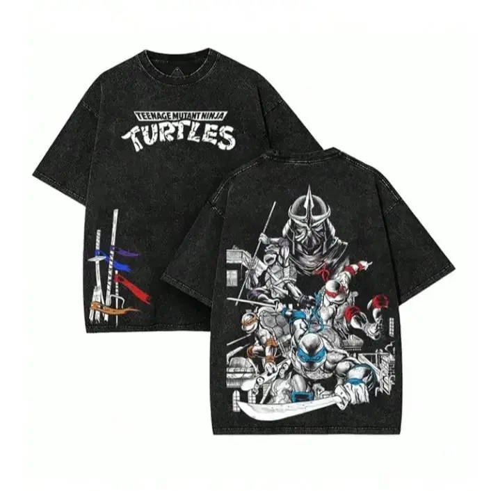 Vintage Black TMNT T Shirt  Front Turtles Side Weapon Flags Back Full TMNT Shredder Print Oversized Unisex Tee for Retro Anim3 Fans Street Style