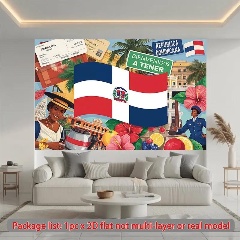 2D Flat Banner 1pc, Dominican Republic Map & Culture Banner, Decoration Banners - Collage with Landmarks, Durable Fabric Suitable for Classroom, Office Decor, Party Supplies, Party Decorations - Year-Round Dominican-Themed Decoration