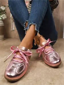 New metal powder sweet cool style German training shoes for women, satin ribbon butterfly knot Forrest Gump shoes, retro versatile flat casual shoes