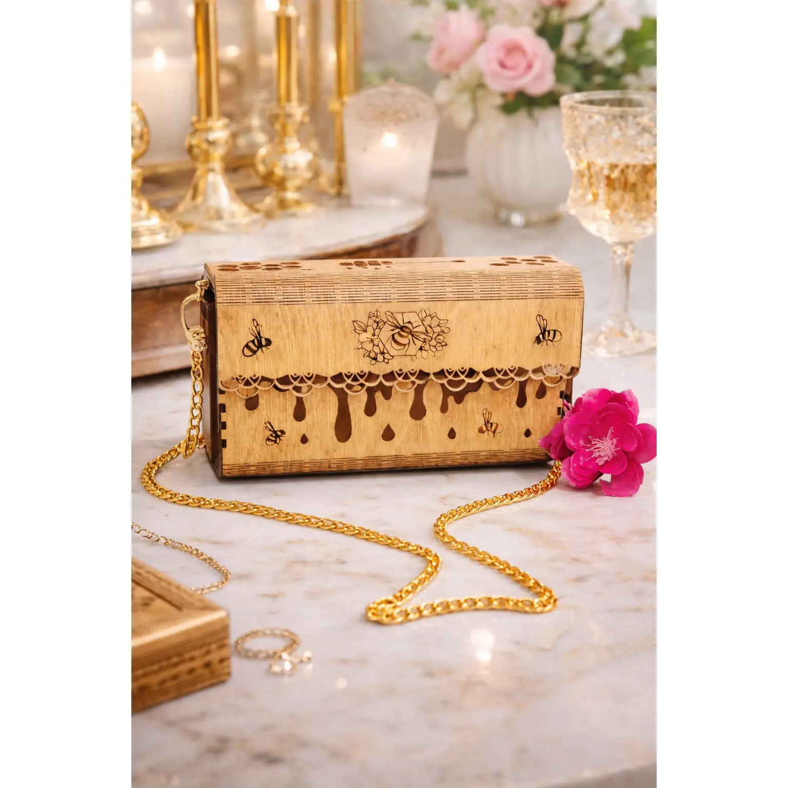 Wooden Engraved Bee Purse with Gold Chain Strap | Handmade Laser Engraved Clutch Bag