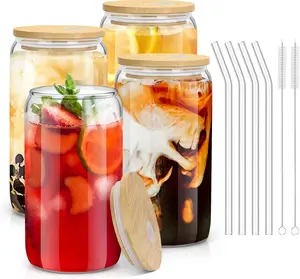 Drinking Glasses with Bamboo Lids and Glass Straw 4pcs Set - 16oz Glass Cups, Iced Coffee Glasses, Cute iced Tea Glasses, Beer Glasses, Ideal for Coffee Bar Accessories, Aesthetic Gift - Brushes