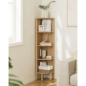 Corner Shelf, 5 Tier Corner Bookshelf, Display Corner Shelf Stand with Storage Rack, Wall Corner Bookshelf for Living Room, Bedroom, Office, Oak