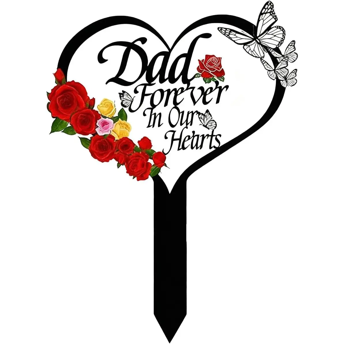 Grave Decorations for Cemetery, Heart Memorial Grave Marker for Dad with Red Roses, Metal Gravesite Plaque for Garden, Lawn or Yard, 1 Pack