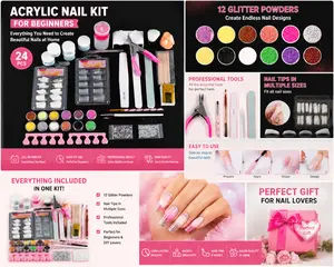 Acrylic Nail Kit for Beginners with Everything Professional, 12 Glitter Powder Nail Kit Acrylic Set, Nail Care Art Design Tip Brush Clipper File Supplie, DIY Tool