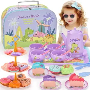 P-MTS046   Dinosaurs Tea Party Set for Little Girls, Pretend Plastic Teapot Set, Princess Tea Time Play Kitchen Toy with Dessert, Carrying Case for Birthday Easter Gifts Kids Toddlers Age 3 4 5 6