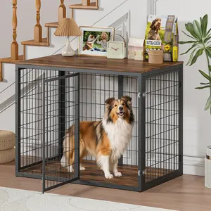 3-Door Wooden Dog Crate with Multi-Functional Table Top - Display Shelf & Storage Cabinet for Medium-Large Dogs