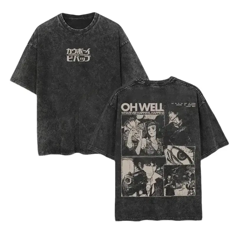 Men's Pure Cotton Oversized Round Neck Short-Sleeve Graphic Tee - Unisex Retro Anime Humor Print Vintage Washed Menswear Casual Top for Anime Fans, Shortsleeve, Casual Tee