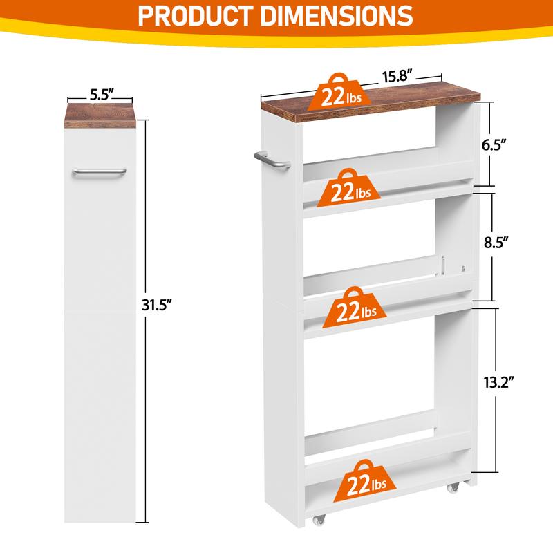 ZenStyle 4-Tier Slim Storage Cart Rolling Kitchen Cart Utility Cart for Laundry Narrow Places W/ Wheels & Handle White Easy to Clean Surface Smooth Mobility