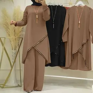 Women'sEidMusulmanEnsembleBeigeSolidBlouse&WideLegPantsforRamadan&MoroccoLooseModestKaftanSetModestyMuslimSets