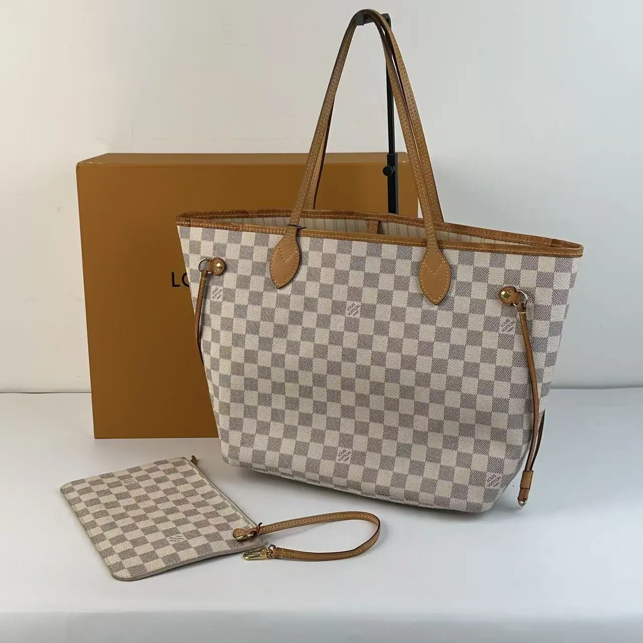 Pre-owned Louis Vuitton Damier Azur Neverfull MM Tote Bag with Matching Pochette Wristlet Pouch