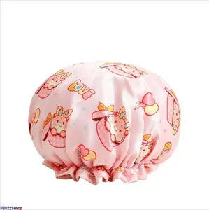 6-PCS Cartoon Printed Double Layer Shower Cap - Double-Layer Waterproof PE Inner Lining Reusable Bathing Hat, Ruffled Edge Hair Protection Cap Ideal for Bathing, Hair Treatment, Spa, Makeup & Household Cleaning Hair Cover