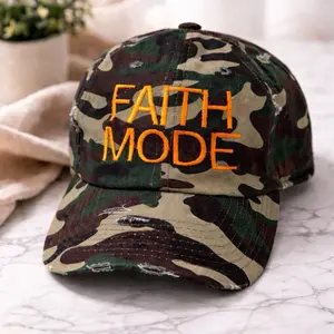 Faith Mode Distressed Unisex Ball Cap with Hand Embroidery Adjustable Strap for Comfortable Fit