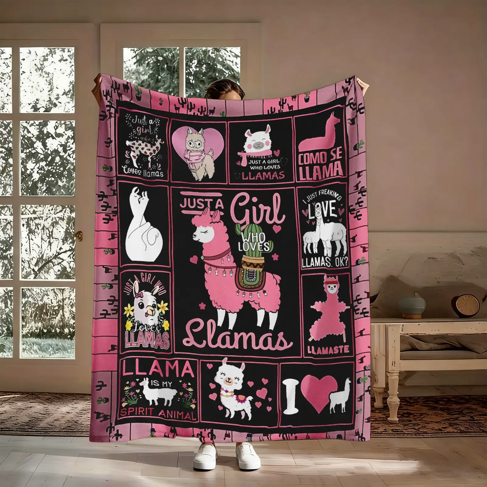 【Summer Sale Deals】Llama Print Flannel Plush Large Blanket Throw - Pink Animal Relax Snuggly Hugable Soft Throw for Couch, Gift for Llama-Loving Girls, Farmhouse Decor Accent, Large Blanket Throws, Flannel Plush Throws