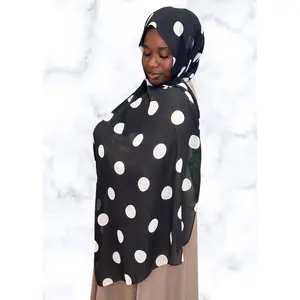 Black Spotlight Chiffon Printed Hijab - Black Background with White Polka Dots, Comfortable Fit, Versatile Design for Everyday Wear