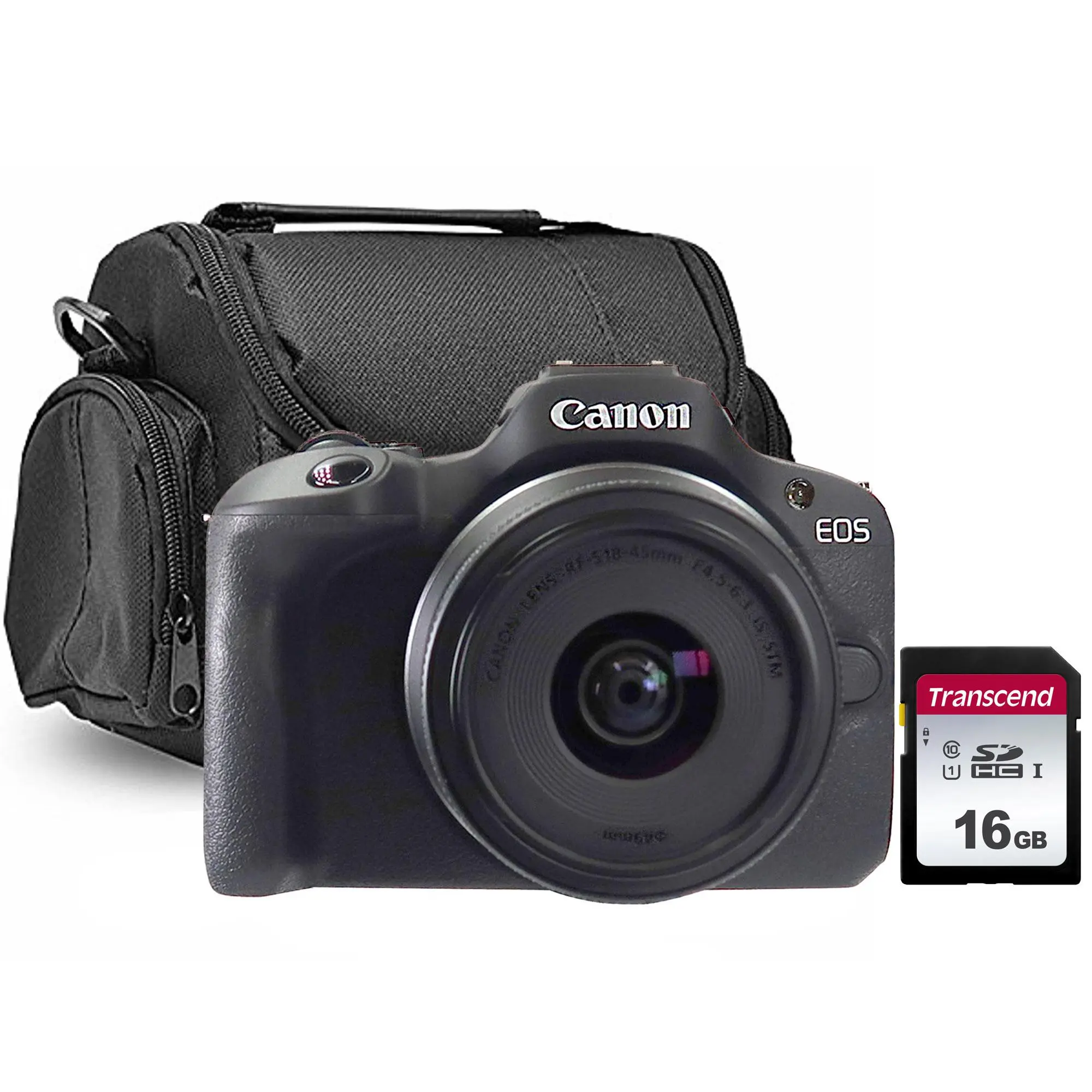 Canon EOS R100 Black Digital Mirrorless Camera + Canon RF-S 18-45mm f/4.5-6.3 IS STM Lens + BePro BC-2 Medium Case + Transcend TS16GSDC300S 16GB UHS-I U1 SD Memory Card, Digital Camera