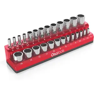 Magnetic Socket Holder | 1/4-Inch Drive | Metric | Red | Holds 26 Sockets | Professional Quality Tools Organizer