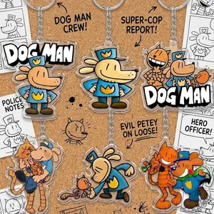 Dog Man Acrylic Keychain Set, Dav Pilkey Cartoon Character Keyring, Cute Comic Book Bag Charm, Funny Police Dog Pendant Gift for Kids and Fans
