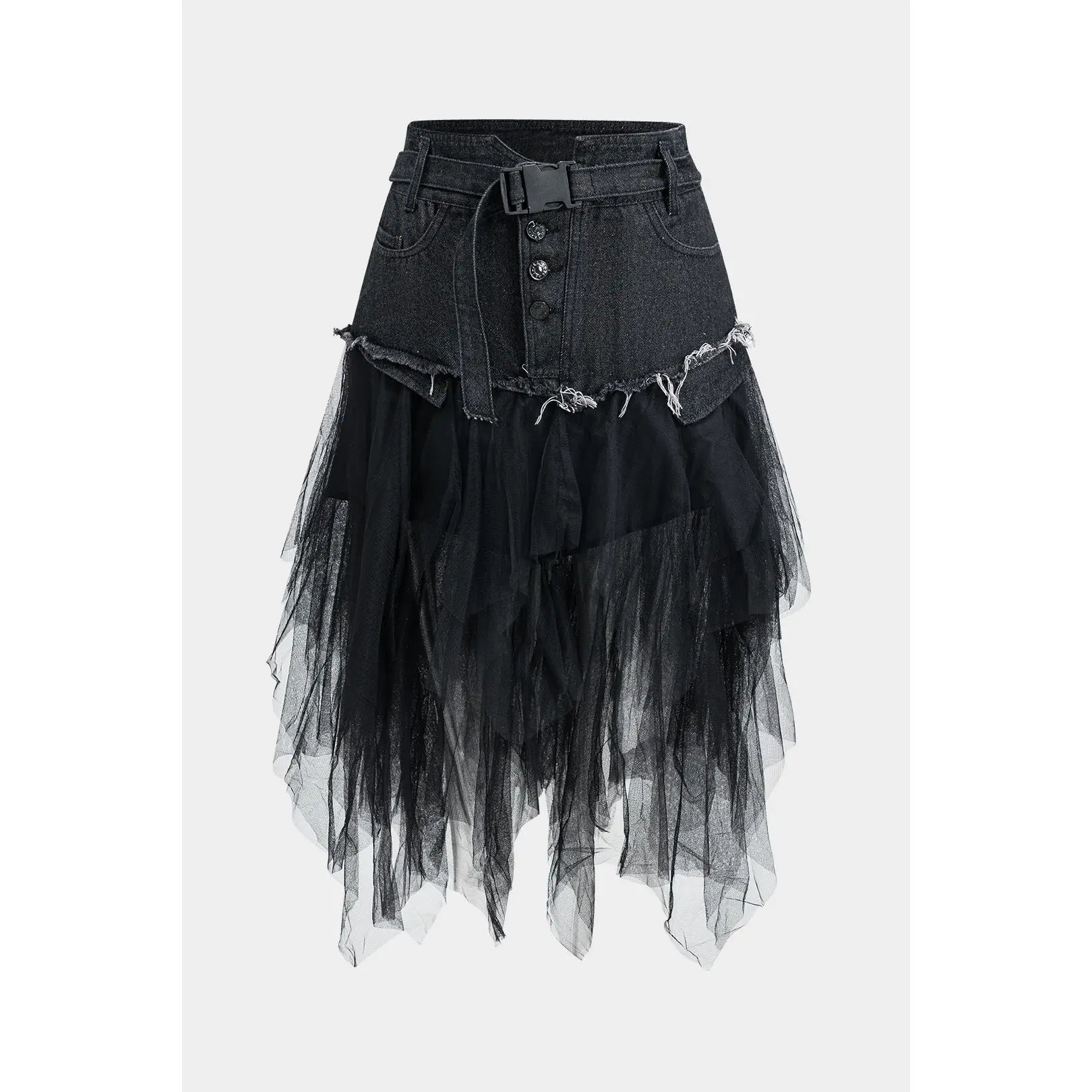 Women's Fitted Denim Mesh Patchwork Belted Button-Skirt, Women's Bottoms, Mesh Denim