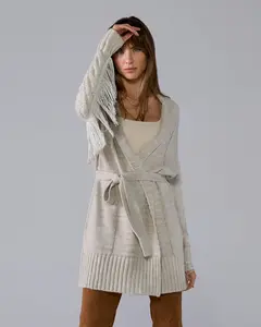 Fringe Mid Length Tie Waist Cardigan Heather Oatmeal