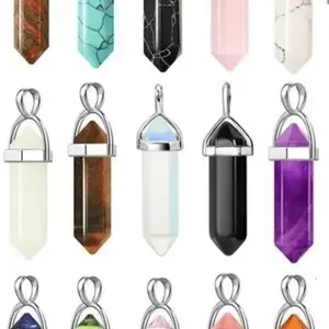 20 Pcs hexagon pillar quartz necklace Turquoise pink Crystal necklace Leather chain Natural stone necklace