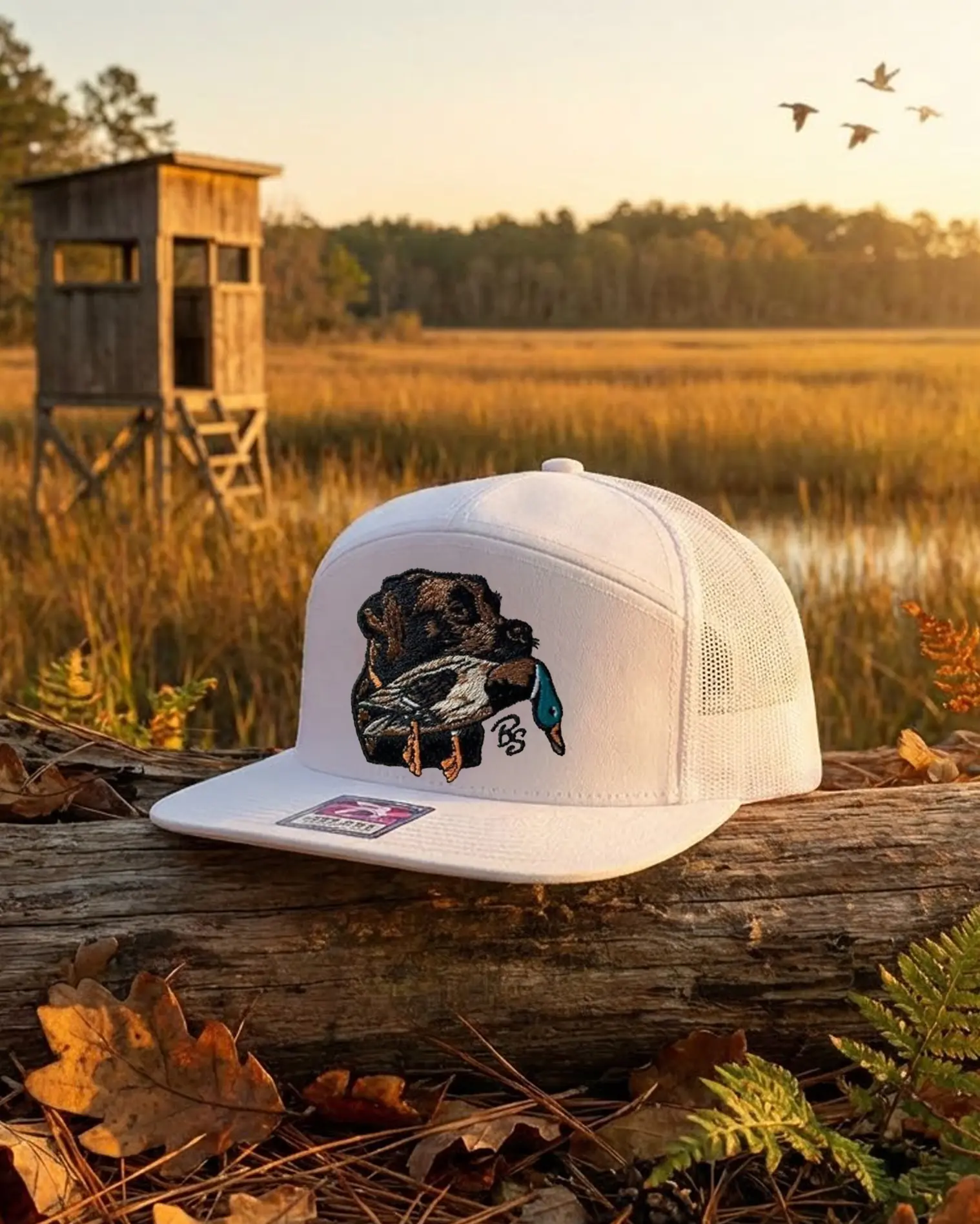 [BUY 2 FOR 1 PRICE] Mallard Duck Hunting Dog Embroidered Trucker Hat for Men White Mesh Snapback Cap Labrador Retriever Hunting Hat Waterfowl Hunter Gift Adjustable Flat Bill Outdoor Camo Hat for Duck Hunters and Dog Lovers