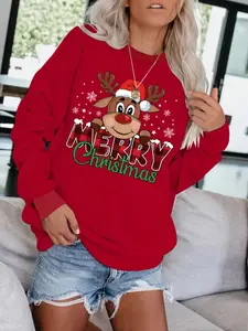 Women's Christmas Theme Sweatshirt, Casual Polyester Pullover, Round Neck, Long Sleeve, Holiday Design, Knit Fabric, Fitted Cut, Fall & Winter Series