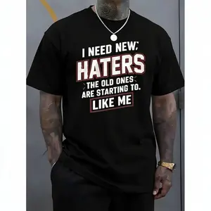 I NEED NEW HATERS Graphic Tee - Men's Plus Size Casual Crew Neck T-Shirt with Bold Red Text, Stylish and Trendy Design for Fashion-Forward Men