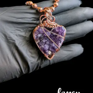 Natural Crystal Wire-Wrapped Copper & Amethyst Heart Cluster Pendant, Fancy Frame, with 6mm Copper Ball Chain Included (AAAA)