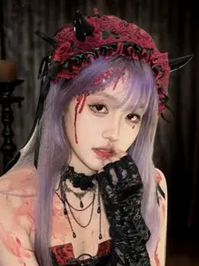 Women's Gothic Lolita Lace Devil Horn Headband, Lotus Leaf Ring, Anime Cosplay Halloween Party Costume Accessory
