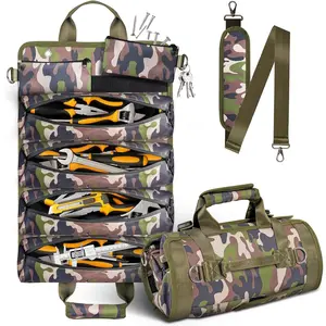 Tool Bag, Heavy Duty Tool Organizer, Portable Tool Pouch for Men with 2 Small Detachable Pouches, Foldable Carrying Tool Storage, Mechanic & Electrician Dad Birthday Gifts, Camo-Green