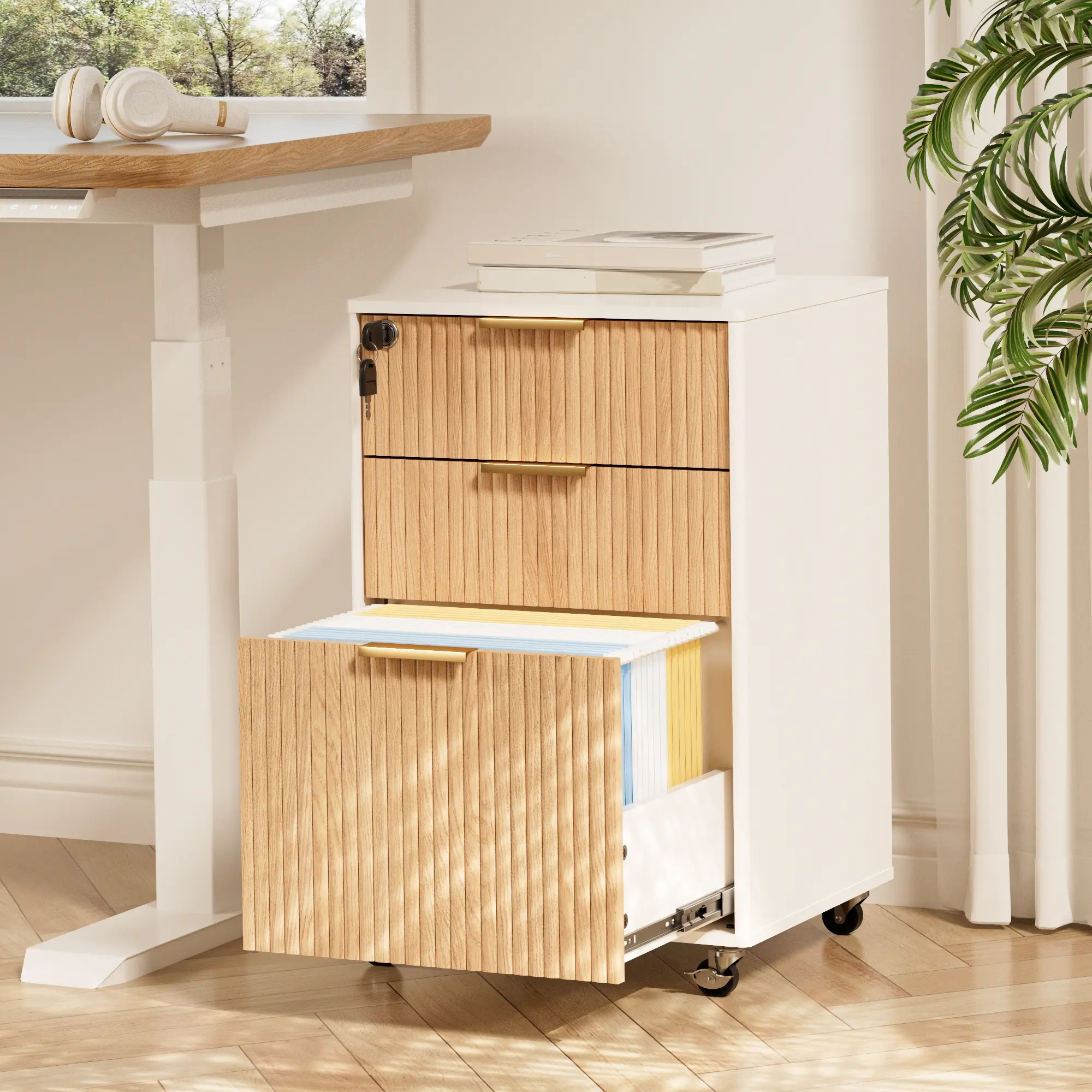 Fluted 3-Drawer Mobile Filing Cabinet For Home Office Under Desk Oak Fluted 3-Drawer Mobile Filing Cabinet For Home Office Under Desk Oak
